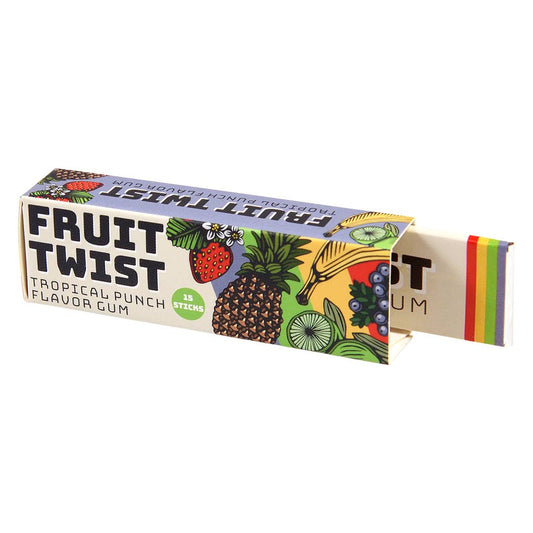 Rex London Snap Gum Verpackung geöffnet mit ausgezogenem Rainbow-Papierstreifen und Tropical Punch Kaugummi sichtbar