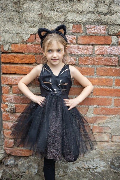 Schwarzes Samtkleid-Kostüm mit Katzenohren-Kopfbedeckung von Great Pretenders