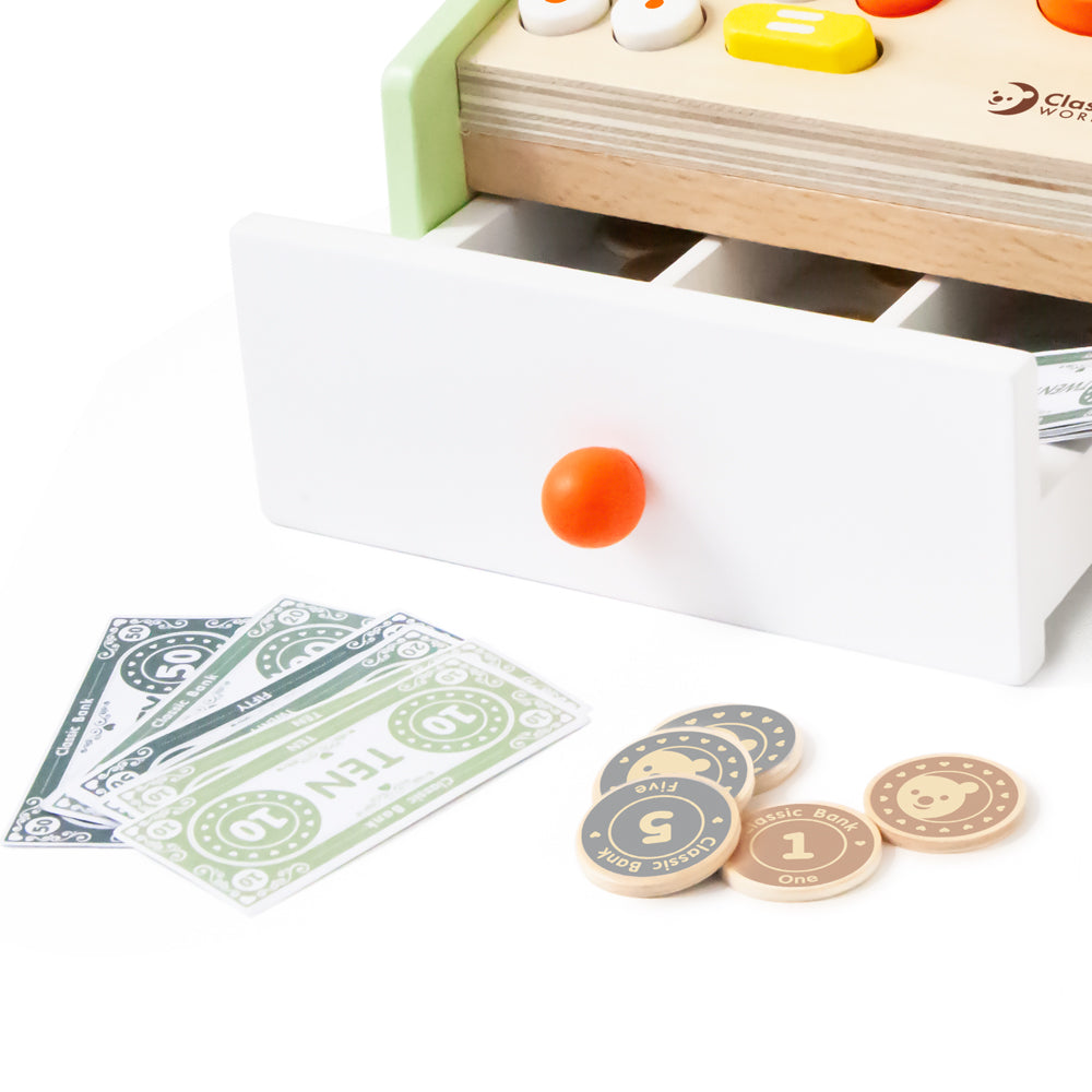 Holzkasse Classic World mit Scanner, Registrierschublade und buntem Spielgeld für Kaufladen