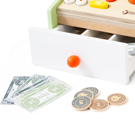 Holzkasse Classic World mit Scanner, Registrierschublade und buntem Spielgeld für Kaufladen