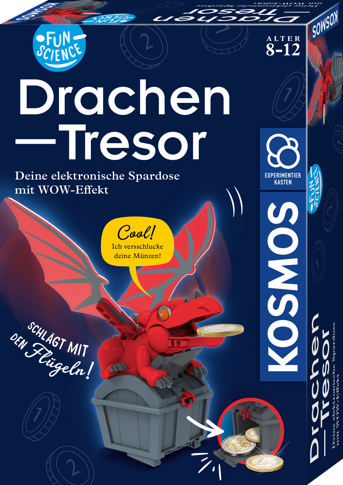 Kosmos Drachen-Tresor Verpackung mit rotem Drache, Schatztruhe und Münzen auf dunkelblauem Hintergrund