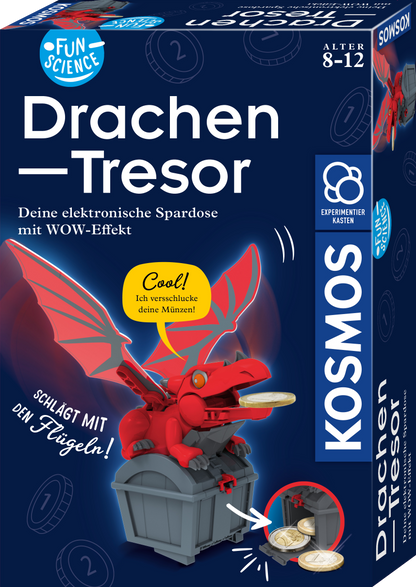 Kosmos Drachen-Tresor Verpackung mit rotem Drache, Schatztruhe und Münzen auf dunkelblauem Hintergrund