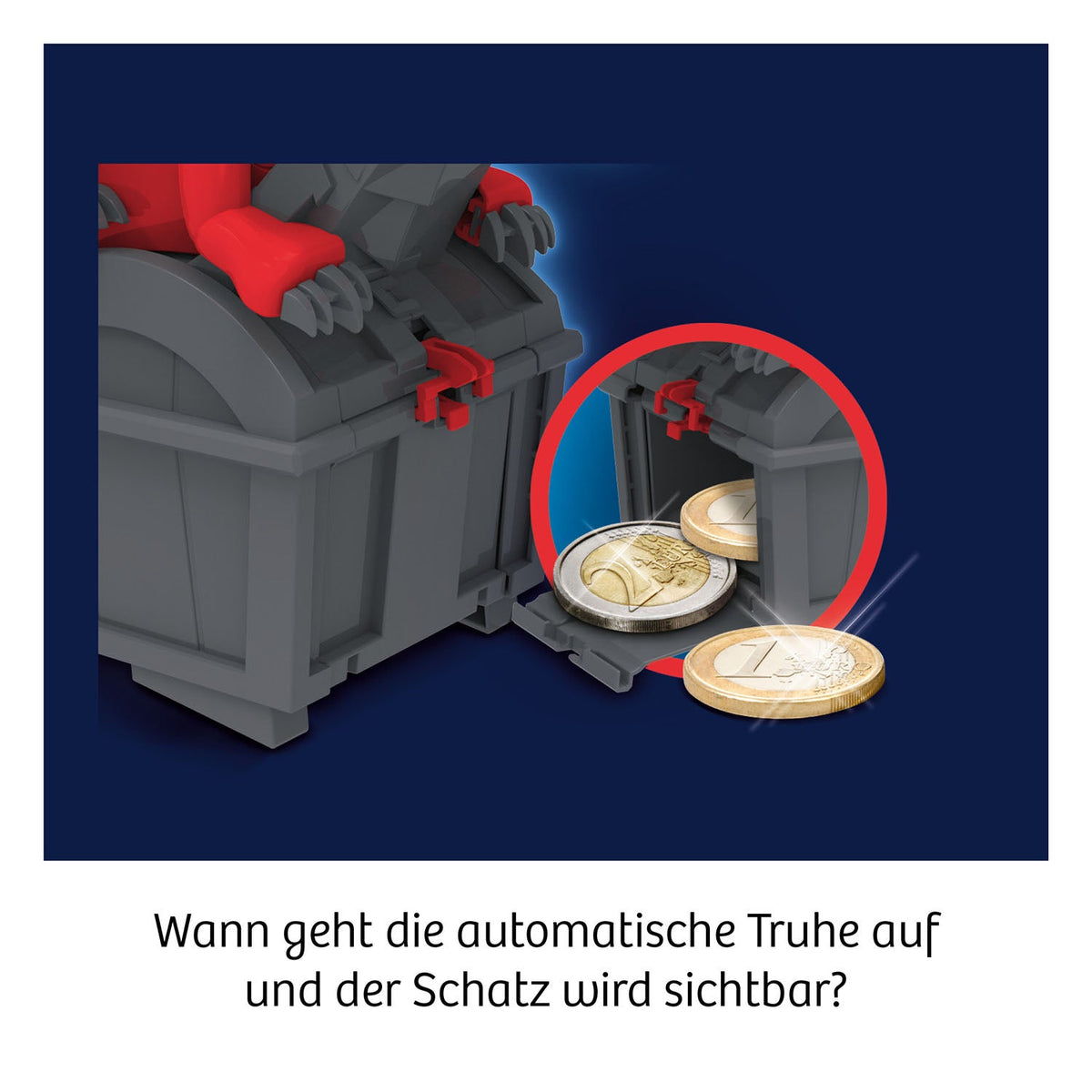 Kosmos Drachen-Tresor mit grauer Schatztruhe und rotem Drache, zwei goldglänzende Münzen davor auf blauem Hintergrund
