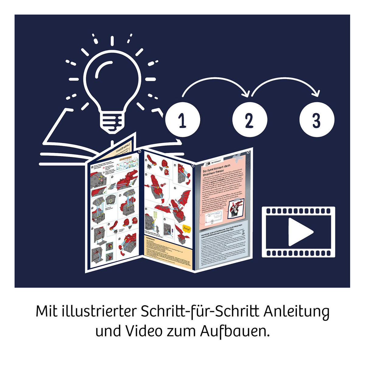 Kosmos Drachen-Tresor Anleitung mit nummerierten Schritten 1-3, Videosymbol und Glühbirne auf dunkelblauem Hintergrund