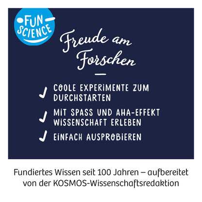 Kosmos Fun-Science-Grafik Freude am Forschen mit drei Stichpunkten auf dunkelblauem Grund