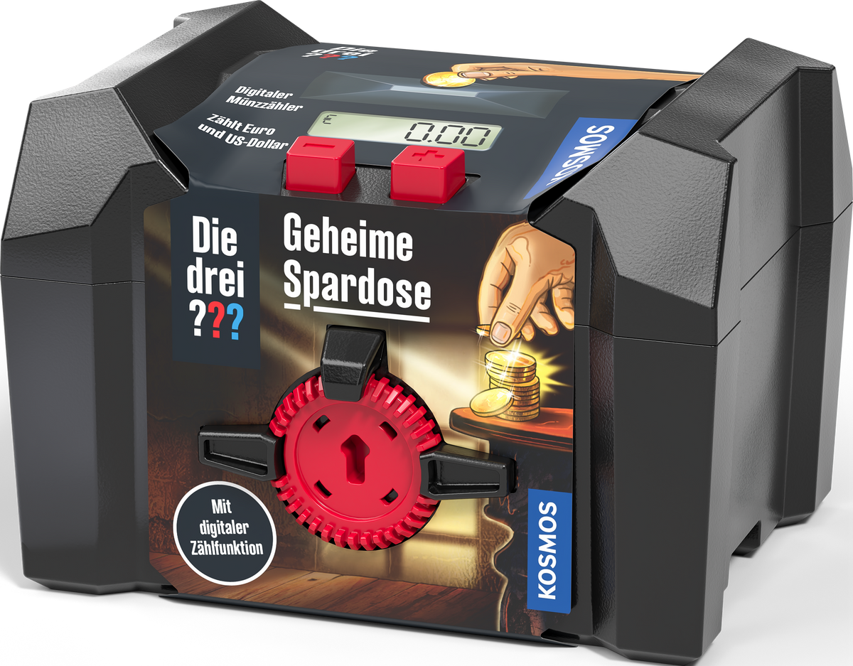Kosmos Spardose Die drei ??? mit schwarzer Box, rotem Zahnrad-Schloss und digitalem Display, Packshot