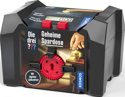 Kosmos Spardose Die drei ??? mit schwarzer Box, rotem Zahnrad-Schloss und digitalem Display, Packshot