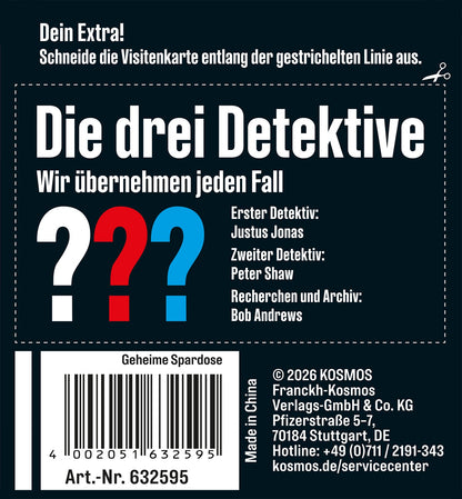 Rückseite der Kosmos Spardose Die drei Detektive mit Namen der Detektive und Barcode