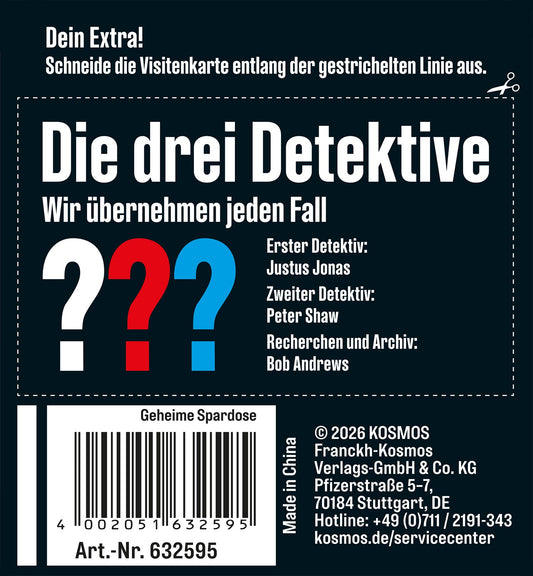 Rückseite der Kosmos Spardose Die drei Detektive mit Namen der Detektive und Barcode