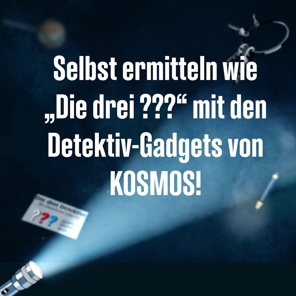 Werbegrafik zur Kosmos-Spardose Die drei ??? mit Detektiv-Gadgets in dunkelblauem Sternenhimmel und weißem Text zum Ermitteln