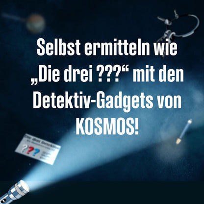 Werbegrafik zur Kosmos-Spardose Die drei ??? mit Detektiv-Gadgets in dunkelblauem Sternenhimmel und weißem Text zum Ermitteln