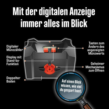 Schnittzeichnung der Kosmos-Spardose Die drei ??? mit beschrifteten Funktionen wie Münzzähler, Display und Zahnrad-Schloss