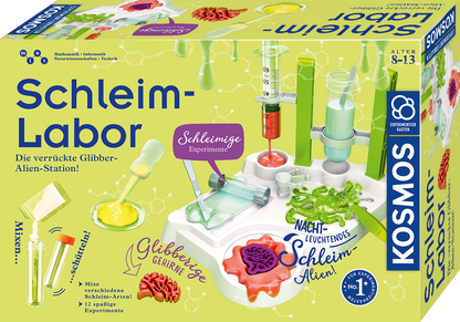 Kosmos Schleim-Labor Verpackung mit gelbem Hintergrund, farbigen Fläschchen, Rührwerk und fertigem Schleim in Rot und Rosa