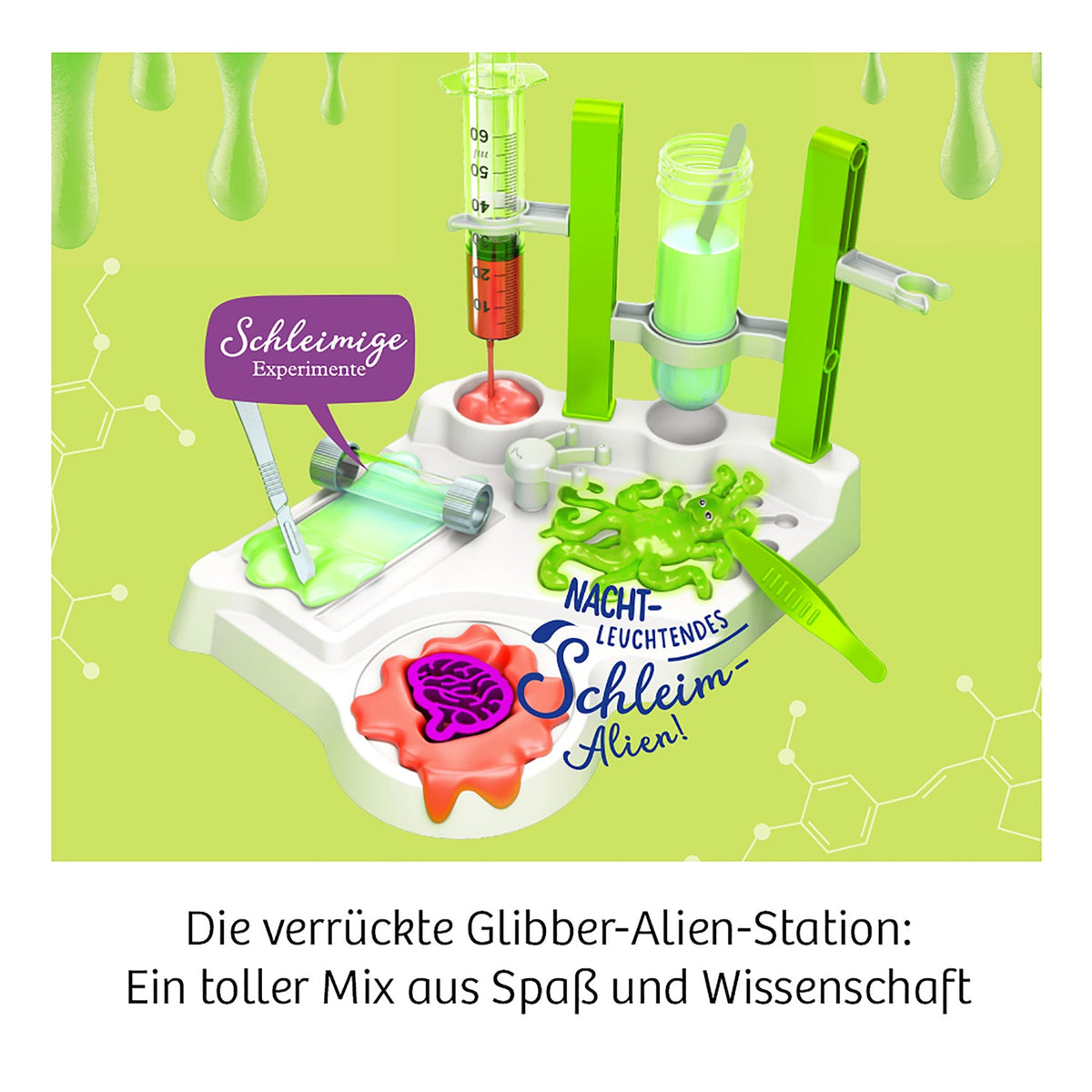 Kosmos Schleim-Labor Experimentierset auf weißer Basis mit grünen Behältern, Spritzen und pinkem Alien-Schleim