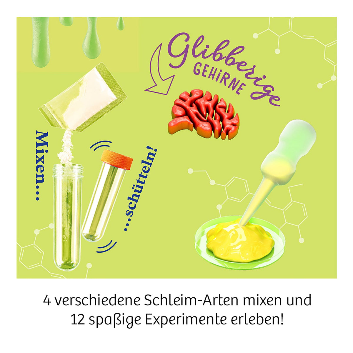 Kosmos Schleim-Labor Grafik: Pulvertüte, Reagenzglas, Pipette, rotes Glibber-Gehirn und gelber Schleim auf gelbgrünem Grund