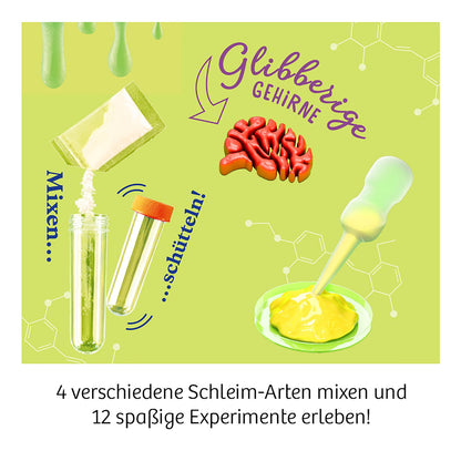 Kosmos Schleim-Labor Grafik: Pulvertüte, Reagenzglas, Pipette, rotes Glibber-Gehirn und gelber Schleim auf gelbgrünem Grund