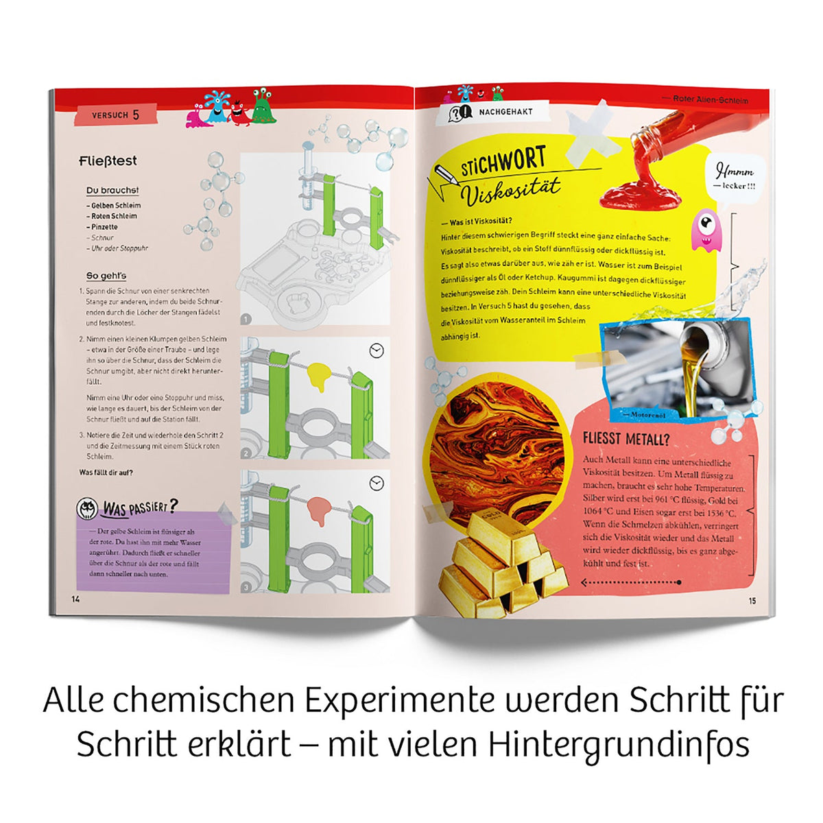Kosmos Schleim-Labor Anleitungsheft aufgeschlagen mit Experimenten und farbigen Abbildungen