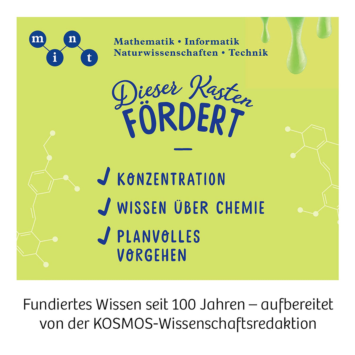 Kosmos Schleim-Labor Verpackung mit gelbem Grund, Text Dieser Karton fördert Konzentration, Wissen über Chemie und