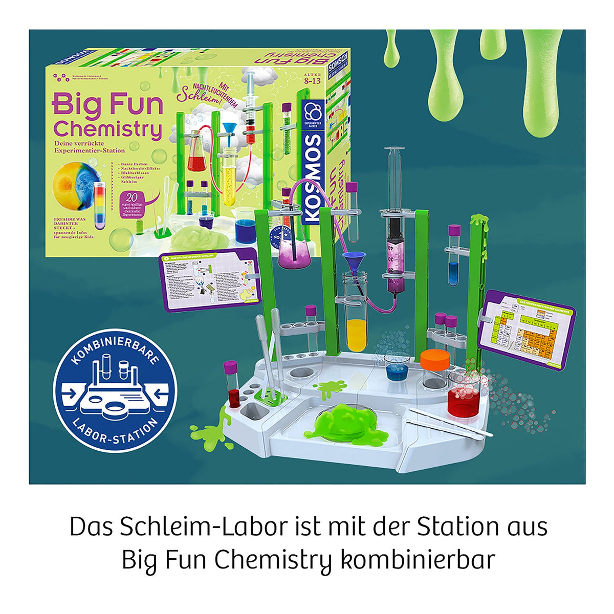 Kosmos Schleim-Labor kombinierbar mit der Big-Fun-Chemistry-Station: grüne Laborstation mit Reagenzgläsern und Verpackung