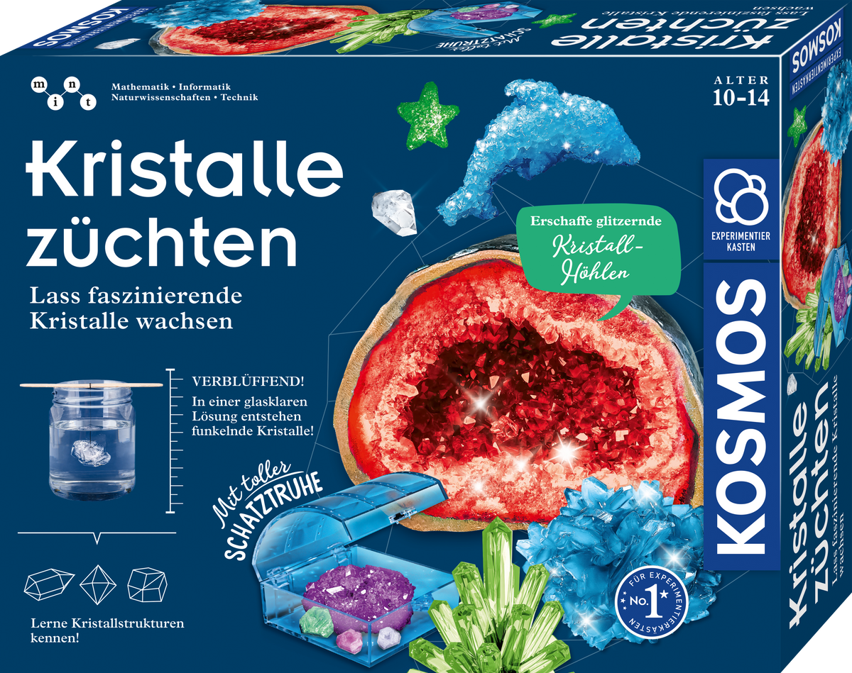 Verpackung Kosmos Kristalle züchten mit roten, blauen und violetten Kristallen auf dunkelblauem Hintergrund