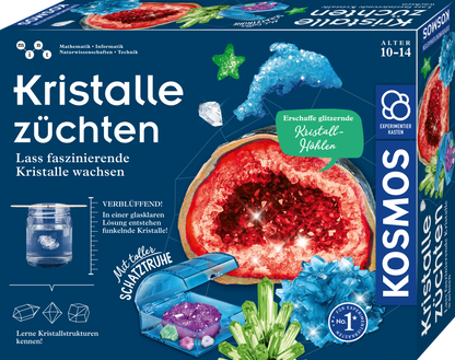 Verpackung Kosmos Kristalle züchten mit roten, blauen und violetten Kristallen auf dunkelblauem Hintergrund