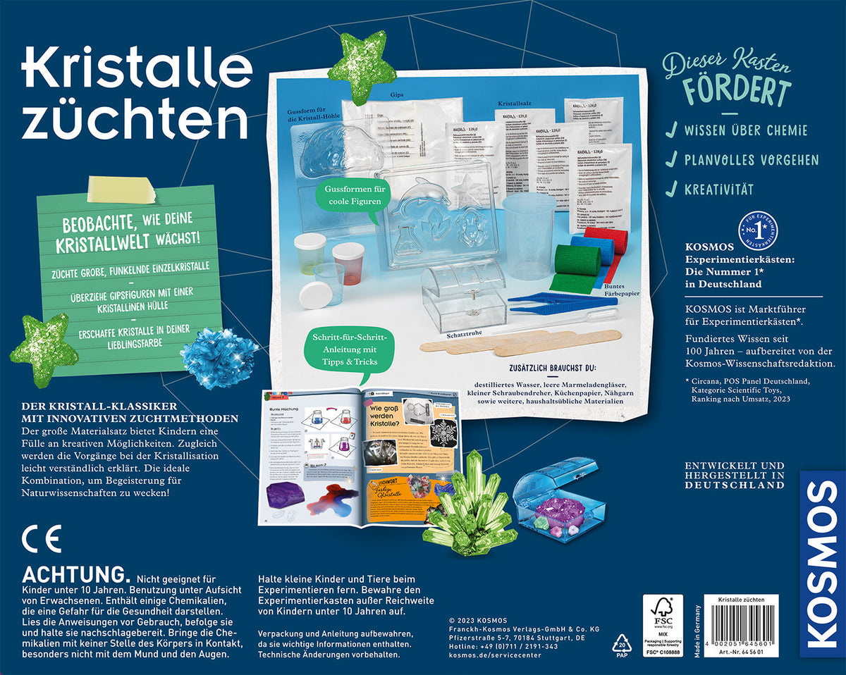 Rückseite der Kosmos Kristalle züchten Verpackung mit Experimentieraufbau, Anleitung und Produktinformationen auf Deutsch