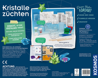 Rückseite der Kosmos Kristalle züchten Verpackung mit Experimentieraufbau, Anleitung und Produktinformationen auf Deutsch