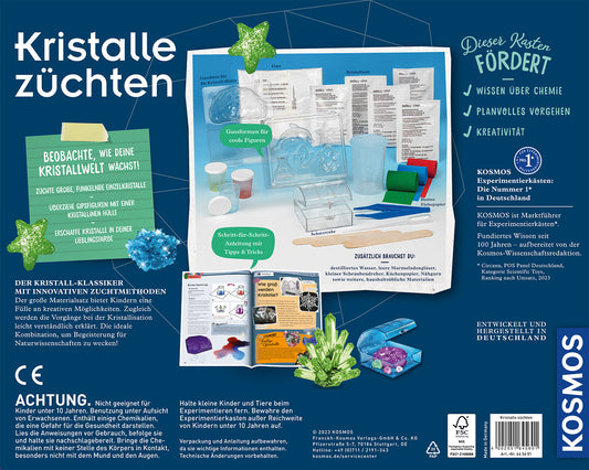 Rückseite der Kosmos Kristalle züchten Verpackung mit Experimentieraufbau, Anleitung und Produktinformationen auf Deutsch