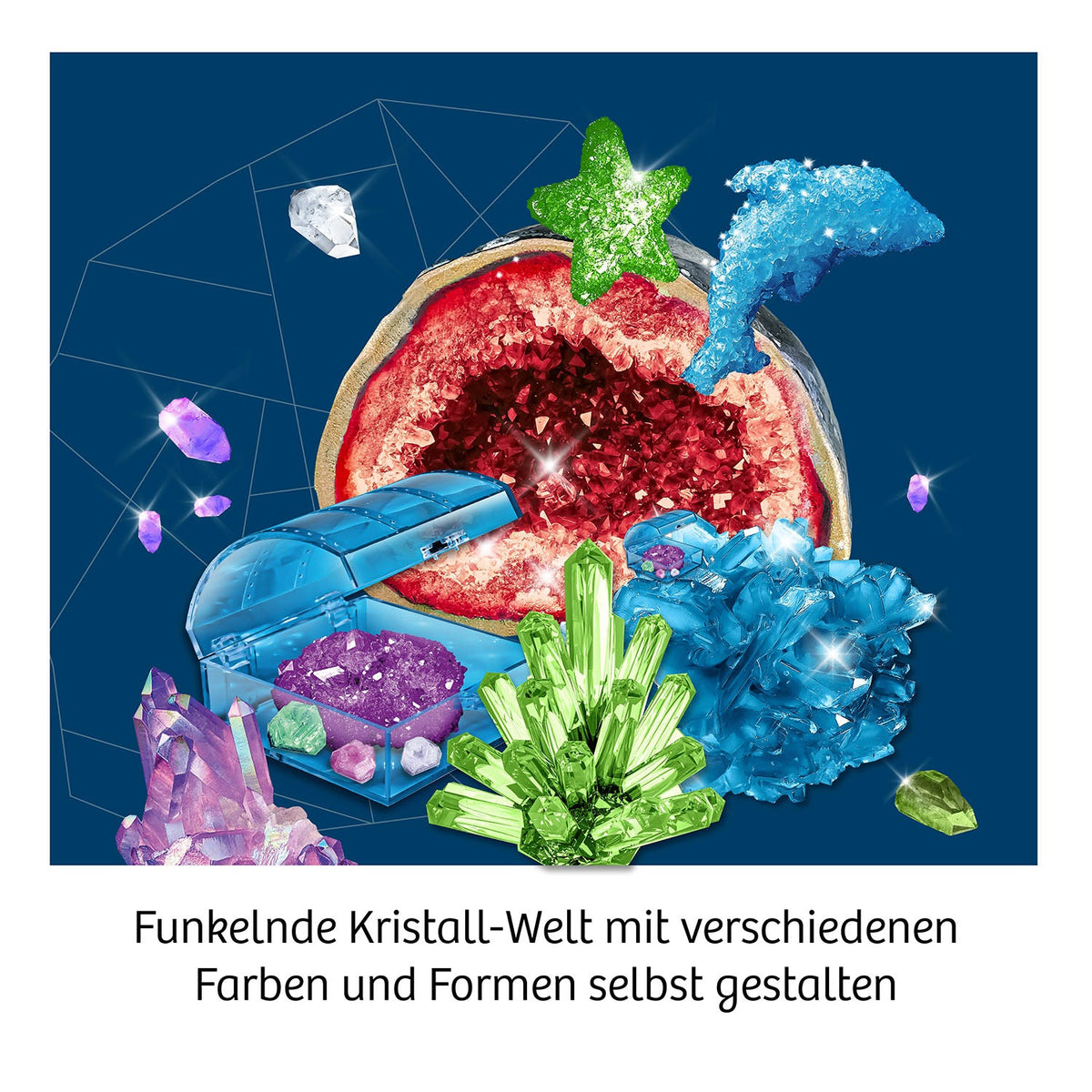 Bunte Kristalle in Rot, Blau und Violett mit Schaufel und grüner Kristallstruktur auf dunkelblauem Hintergrund
