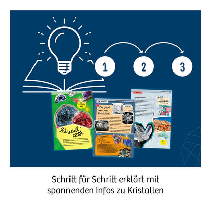 Infografik Kosmos Kristalle züchten mit Buch, Glühbirne und drei Schritten, darunter Anleitungskarten