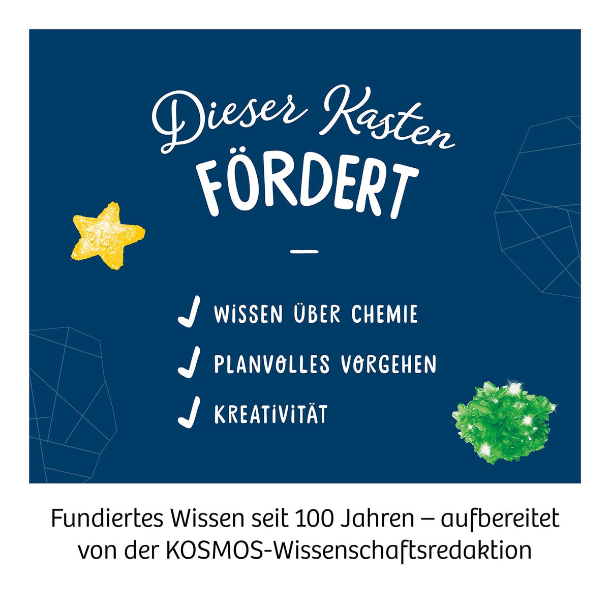 Kosmos Kristalle züchten, dunkelblauer Hintergrund, gelber Stern, grüne Kristallform, Text zu Chemie, Vorgehen, Kreativität