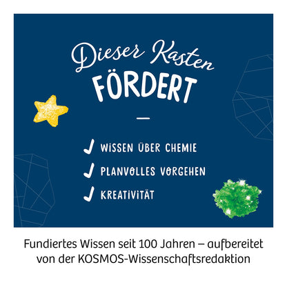 Kosmos Kristalle züchten, dunkelblauer Hintergrund, gelber Stern, grüne Kristallform, Text zu Chemie, Vorgehen, Kreativität