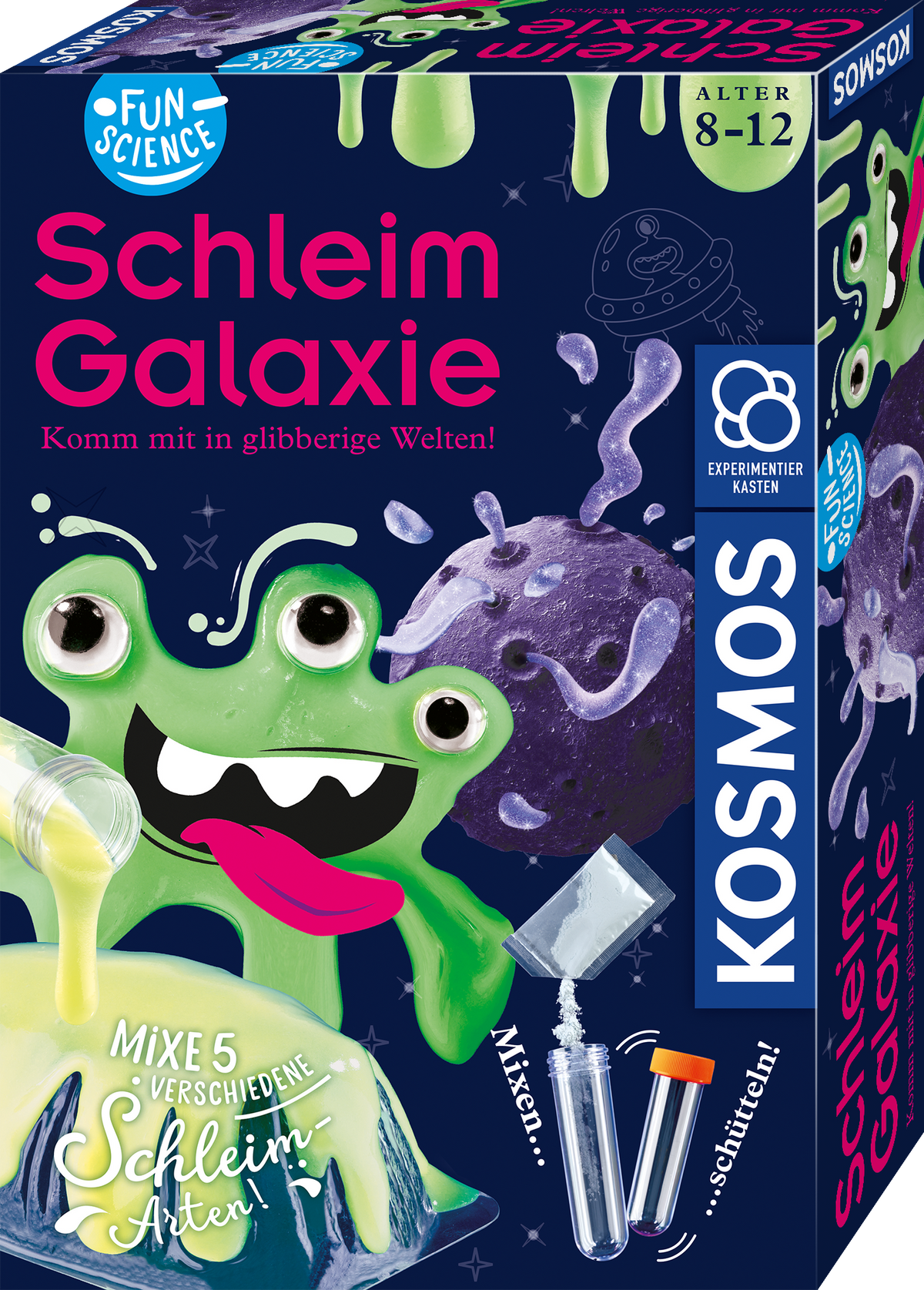 Kosmos Schleim-Galaxie Packung mit grüner Alien-Figur, violetten Tentakeln und Experimentiermaterialien