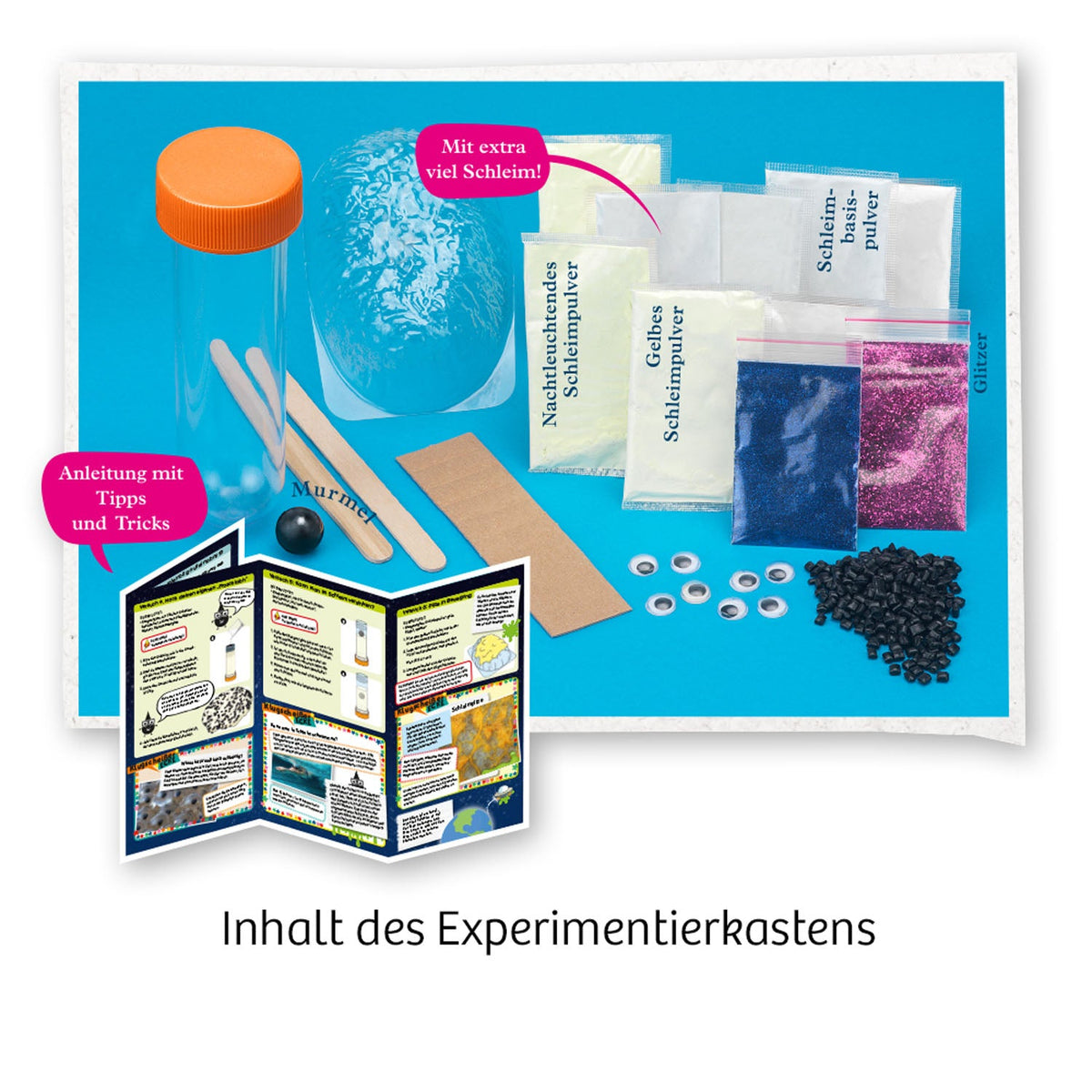 Kosmos Schleim-Galaxie Experimentierset mit orangener Flasche, Glasperlen, Farbpulvern und Anleitung auf blauem Untergrund