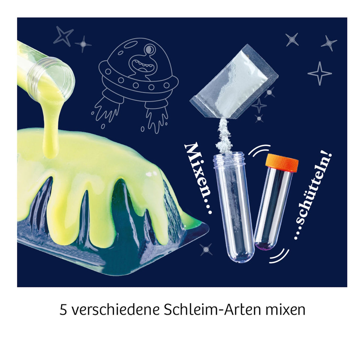 Kosmos Schleim-Galaxie mit fünf Schleim-Arten: gelber Schleim wird gegossen, UFO und Astronaut gezeichnet, zwei Behälter mit