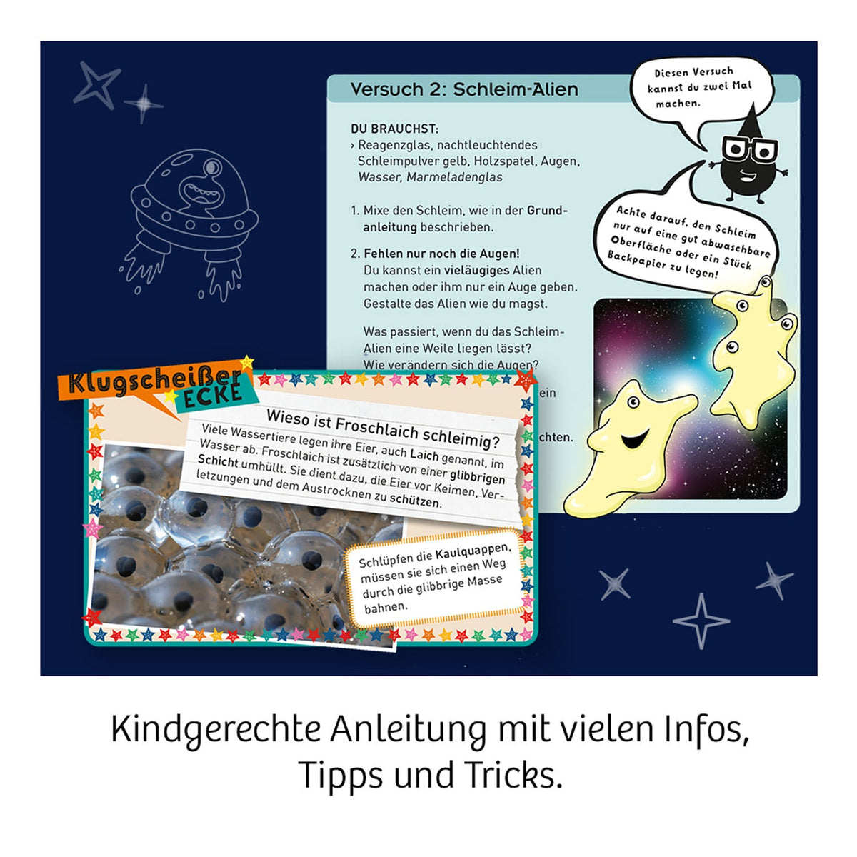 Kosmos Schleim-Galaxie Anleitung mit Versuch 2, Cartoon-Alien und Foto von Kindern beim Experimentieren mit Schleim