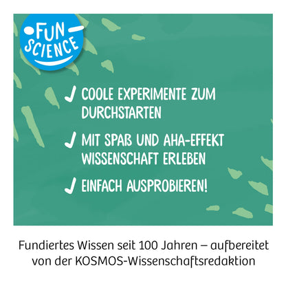 Kosmos Fun Science Verpackungsvorderseite mit türkisem Hintergrund und drei Aufzählungspunkten zu Experimenten