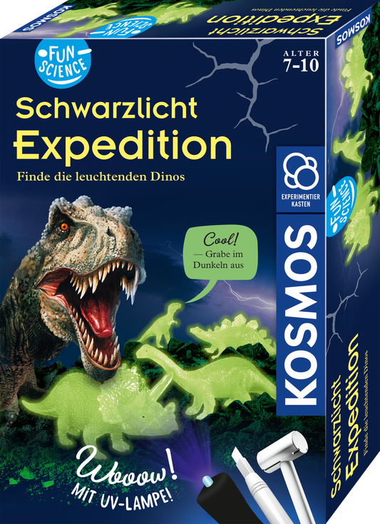 Kosmos Schwarzlicht-Expedition Verpackung mit leuchtenden Dinosauriern und UV-Lampe auf dunkelblauem Hintergrund