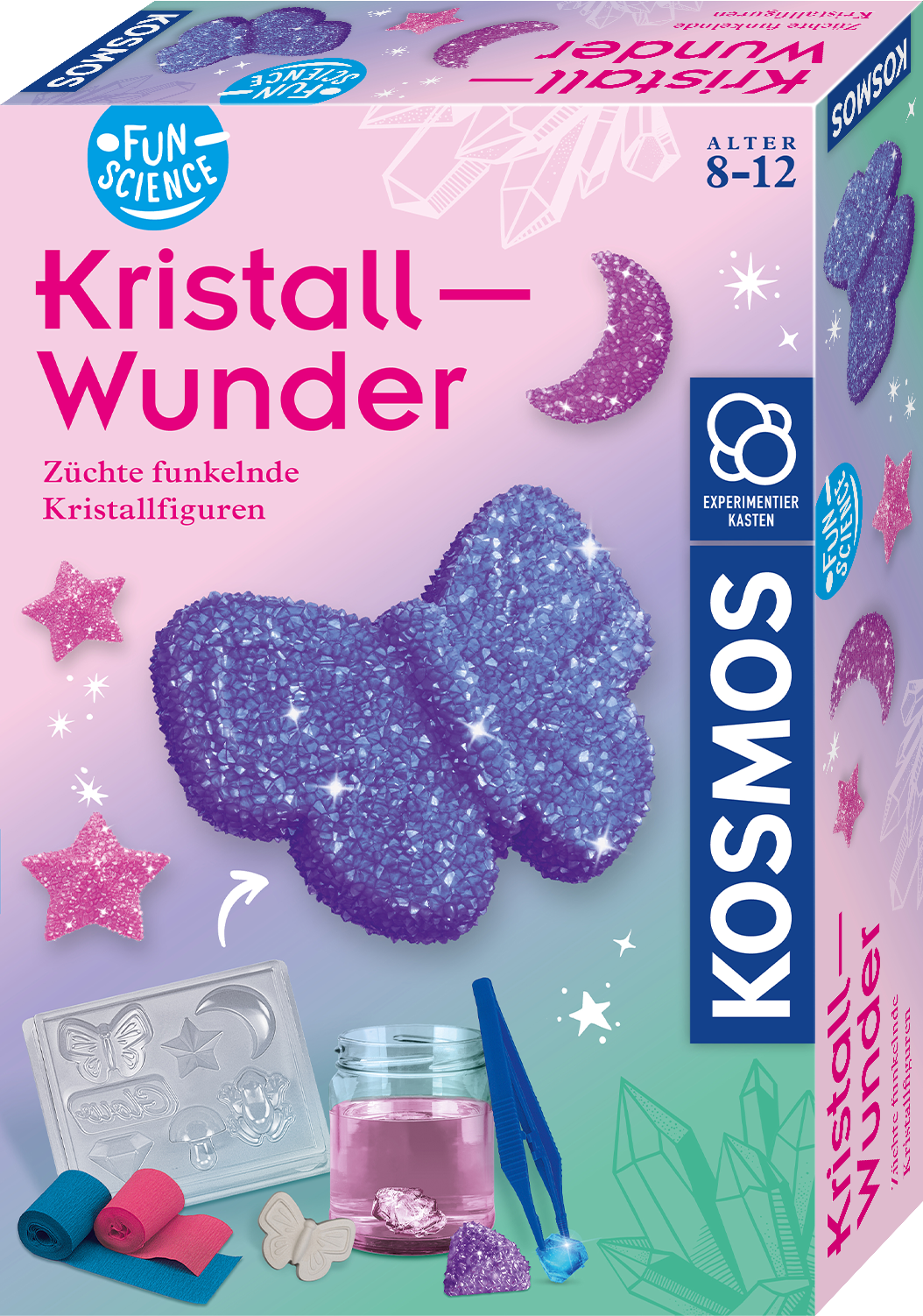 Kosmos Kristall-Wunder Verpackung mit funkelnden lila Kristallfiguren und Zubehör