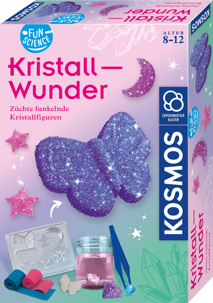 Kosmos Kristall-Wunder Verpackung mit funkelnden lila Kristallfiguren und Zubehör