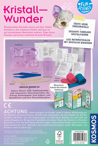 Kosmos Kristall-Wunder Verpackungsrückseite mit Anleitung und Zubehör wie Gießform, Pinzette und Wollbändern
