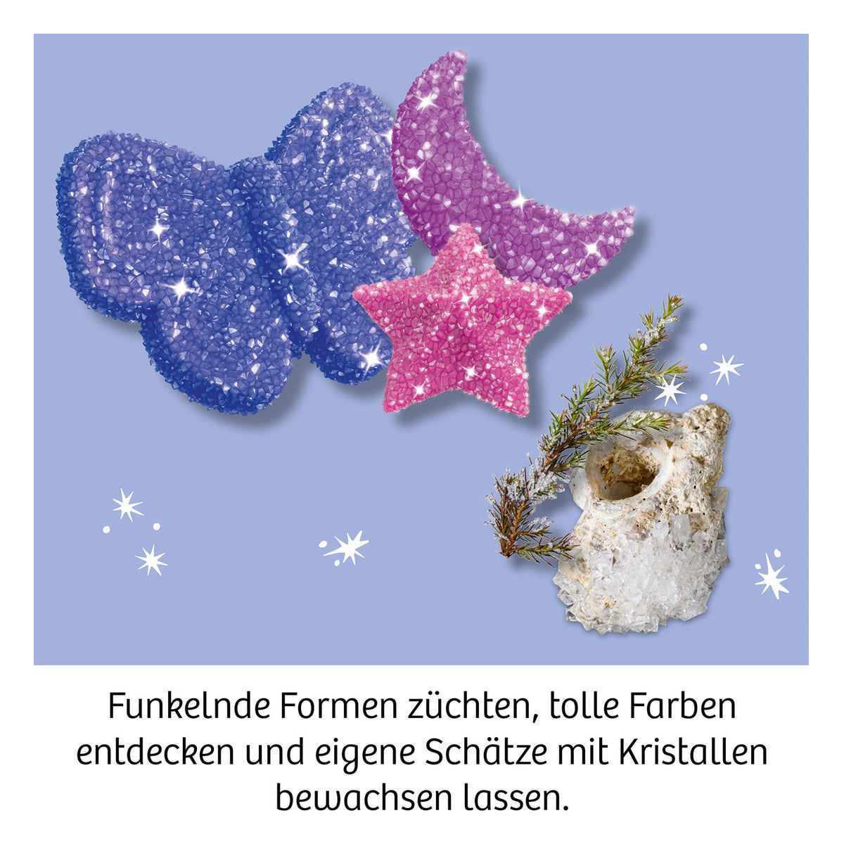 Blaue Wolke und rosa Sterne aus Kristallen, kristallisierter Stein mit Pflanze auf violettem Hintergrund
