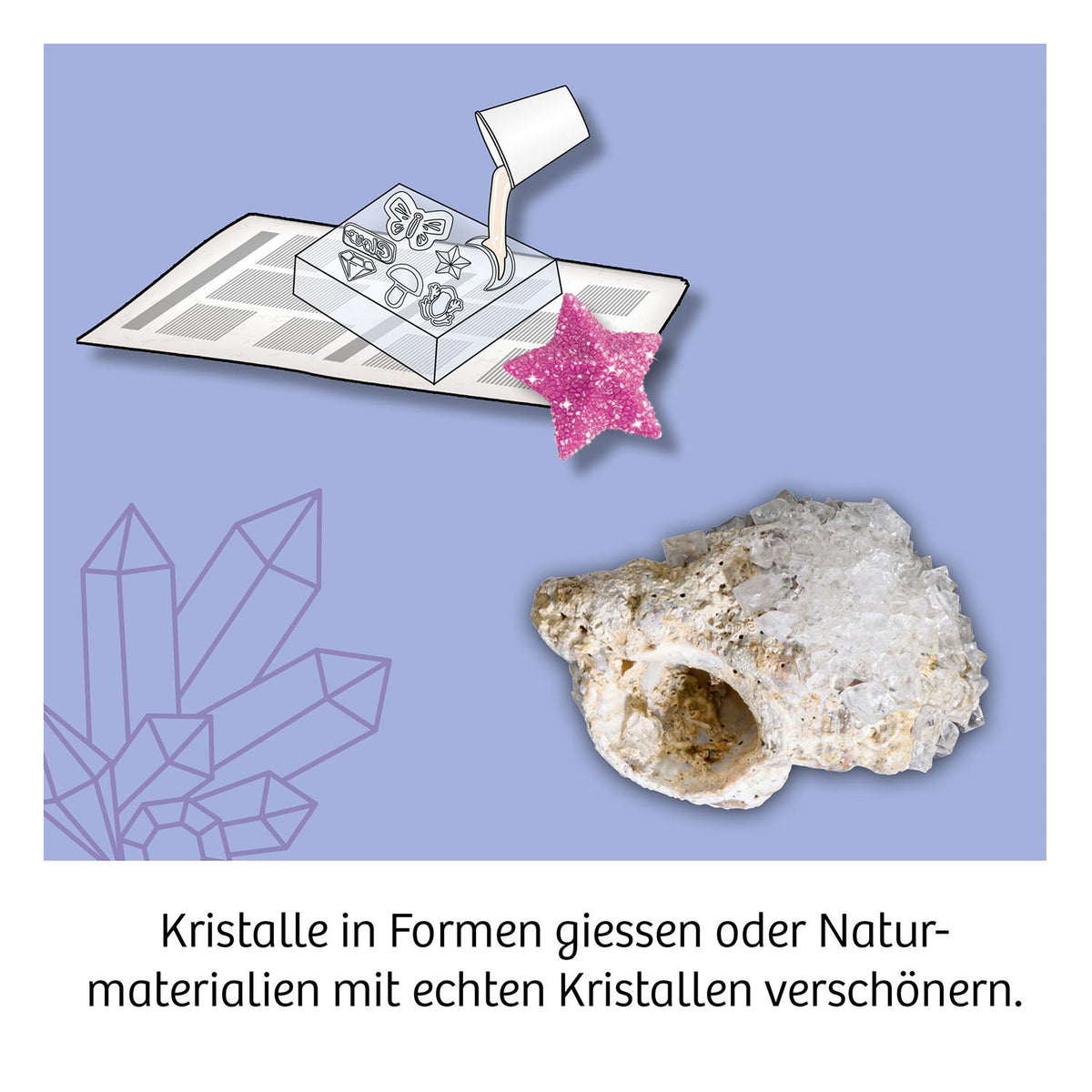 Kosmos Kristall-Wunder: Gießanleitung mit rosa Glitzerstern oben, echter Stein mit Kristall unten