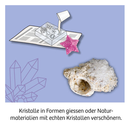 Kosmos Kristall-Wunder: Gießanleitung mit rosa Glitzerstern oben, echter Stein mit Kristall unten