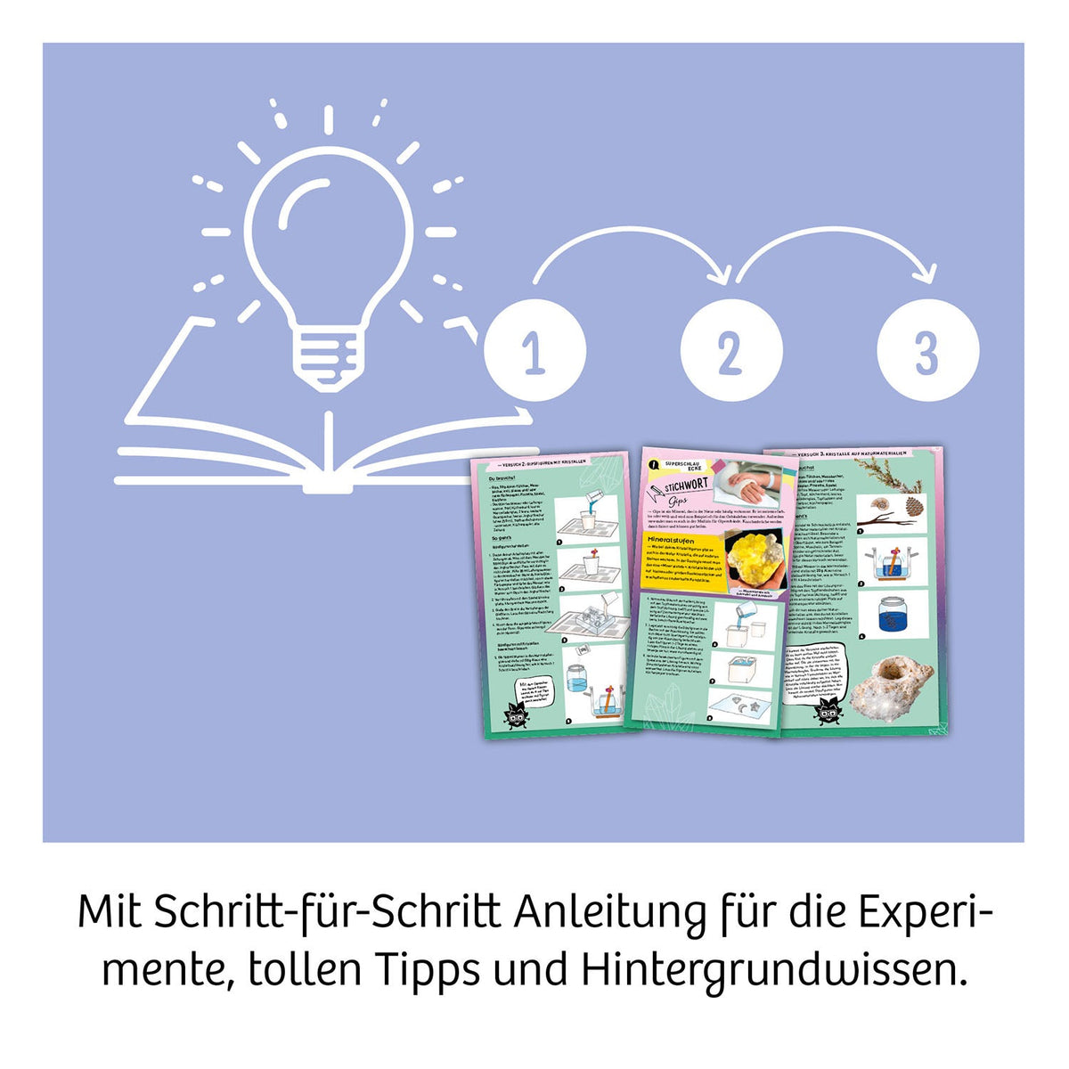 Aufgeschlagene Anleitung des Kosmos Kristall-Wunders mit Glühbirnen- und Buch-Icon, drei nummerierten Checkboxen auf blauem