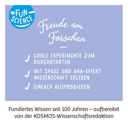 Verpackung Kosmos Fun Science mit blauem Hintergrund, Titel Freude am Forschen, drei Checkboxen zu Experimenten und