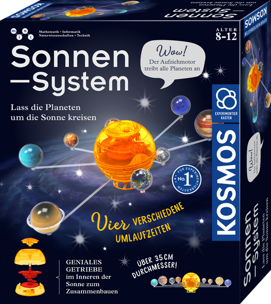 Kosmos Sonnensystem Verpackung mit leuchtender Sonne und acht Planeten in Umlaufbahn