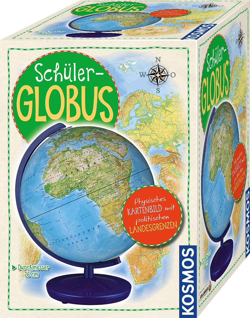Kosmos Schülerglobus Verpackung mit blauem Globus auf schwarzem Standfuß und Kartenhintergrund