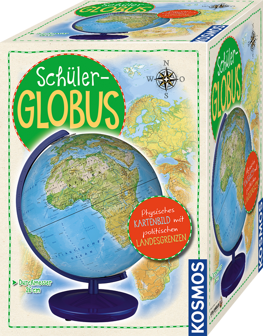 Kosmos Schülerglobus Verpackung mit blauem Globus auf schwarzem Standfuß und Kartenhintergrund