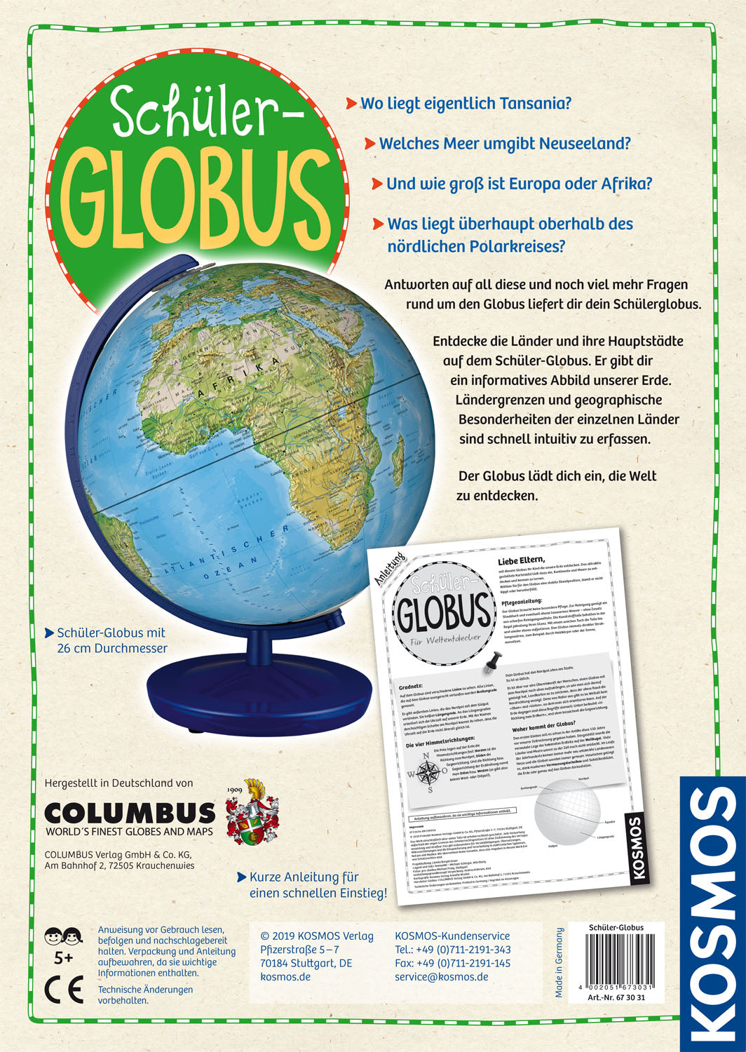 Kosmos Schülerglobus Verpackungsrückseite mit Globus, Fragen zu Kontinenten und Meeren, Begleitinformationen und Anleitung